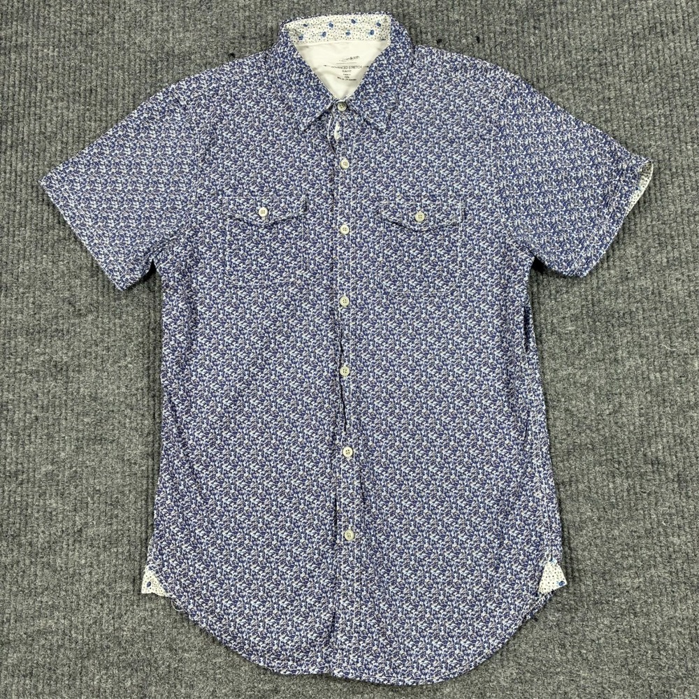 Paper Denim & Cloth Mens Button Up Shirt M Blue Floral Slim Fit Advanced Stretch
